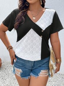 SHEIN LUNE 大碼網眼刺繡紐扣細節T恤 - 黑與白 - 查看 3