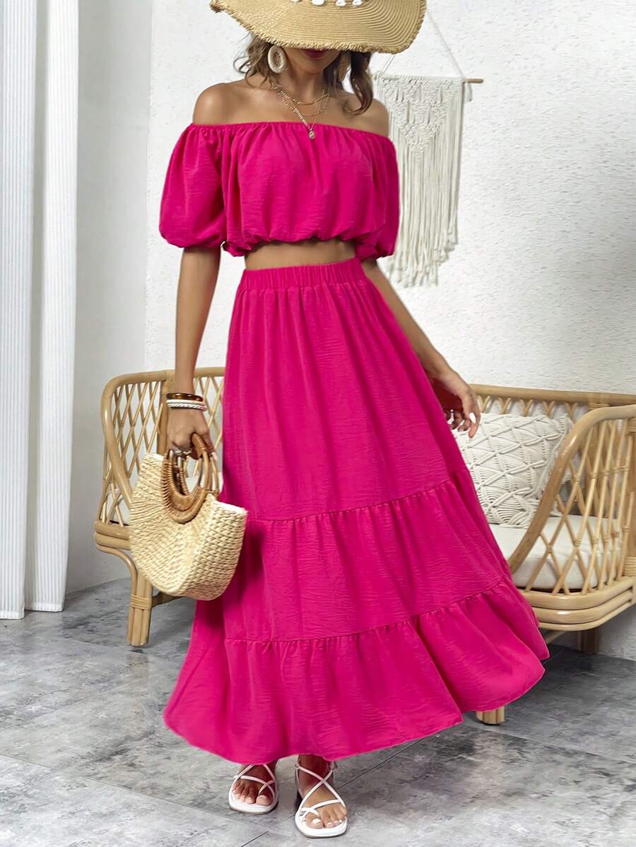 SHEIN VCAY Bộ đồ hai mảnh nữ Viên lá sen màu trơn Giải trí - Màu Hồng Tươi - Xem 1