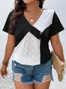 SHEIN LUNE 大碼網眼刺繡紐扣細節T恤 - 黑與白 - 查看 6
