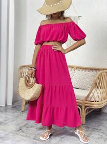 SHEIN VCAY Bộ đồ hai mảnh nữ Viên lá sen màu trơn Giải trí - Màu Hồng Tươi - Xem 3
