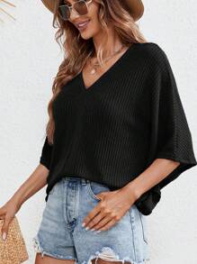 SHEIN Frenchy Waffle Knit Batwing Sleeve Tee Winter Black Casual Spring - Black - View 5