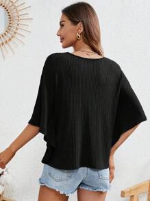 SHEIN Frenchy Waffle Knit Batwing Sleeve Tee Winter Black Casual Spring - Black - View 6