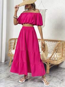 SHEIN VCAY Bộ đồ hai mảnh nữ Viên lá sen màu trơn Giải trí - Màu Hồng Tươi - Xem 6