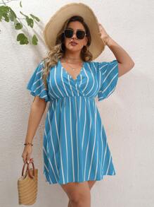 Calvaya Đầm Plus Size Trọn gói Sọc Giải trí - Màu xanh lam - Xem 4