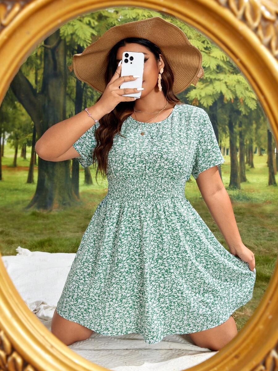 SHEIN VCAY Vestido línea A con estampado floral - Verde - Ver 1
