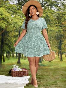 SHEIN VCAY Vestido línea A con estampado floral - Verde - Ver 3