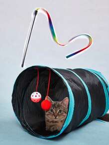 2pcs Bell Decor Cat Tunnel & Cat Teaser Stick For Cat For Playing - Black - View 1