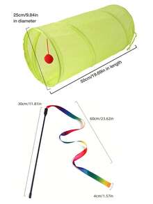 2pcs Pom Pom Decor Cat Tunnel & Cat Teaser Stick For Cat For Playing - Green - View 5