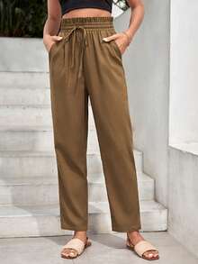 SHEIN Frenchy Quần nữ Dây kéo Túi Quần paper-bag màu trơn Giải trí - màu nâu - Xem 2