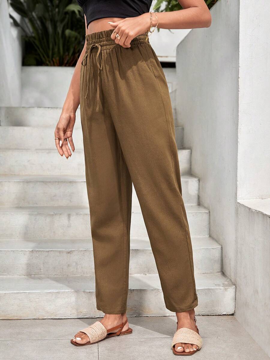 SHEIN Frenchy Quần nữ Dây kéo Túi Quần paper-bag màu trơn Giải trí - màu nâu - Xem 1
