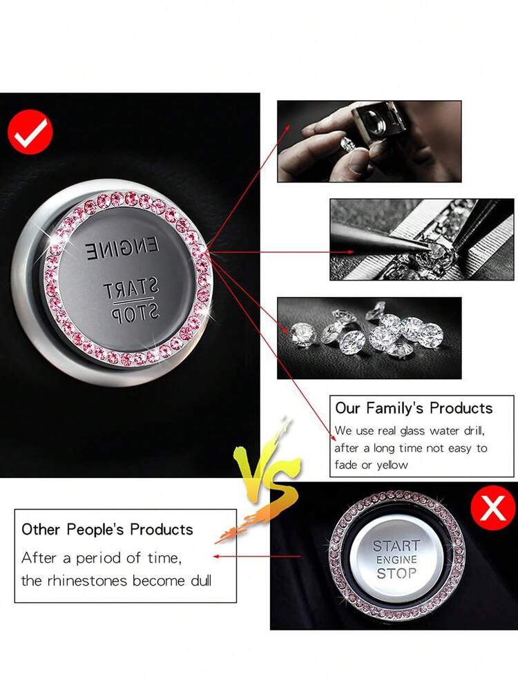 1 pc מדבקת כפתור הפעלה אחת לרכב דקור ריינסטון - ורוד - ראה 5