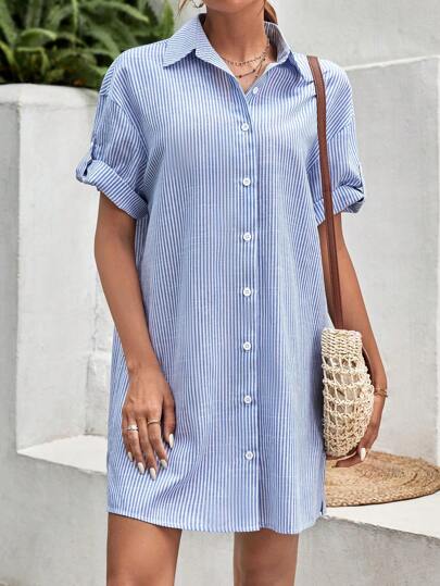 SHEIN Frenchy 條紋印花捲邊袖襯衫連衣裙