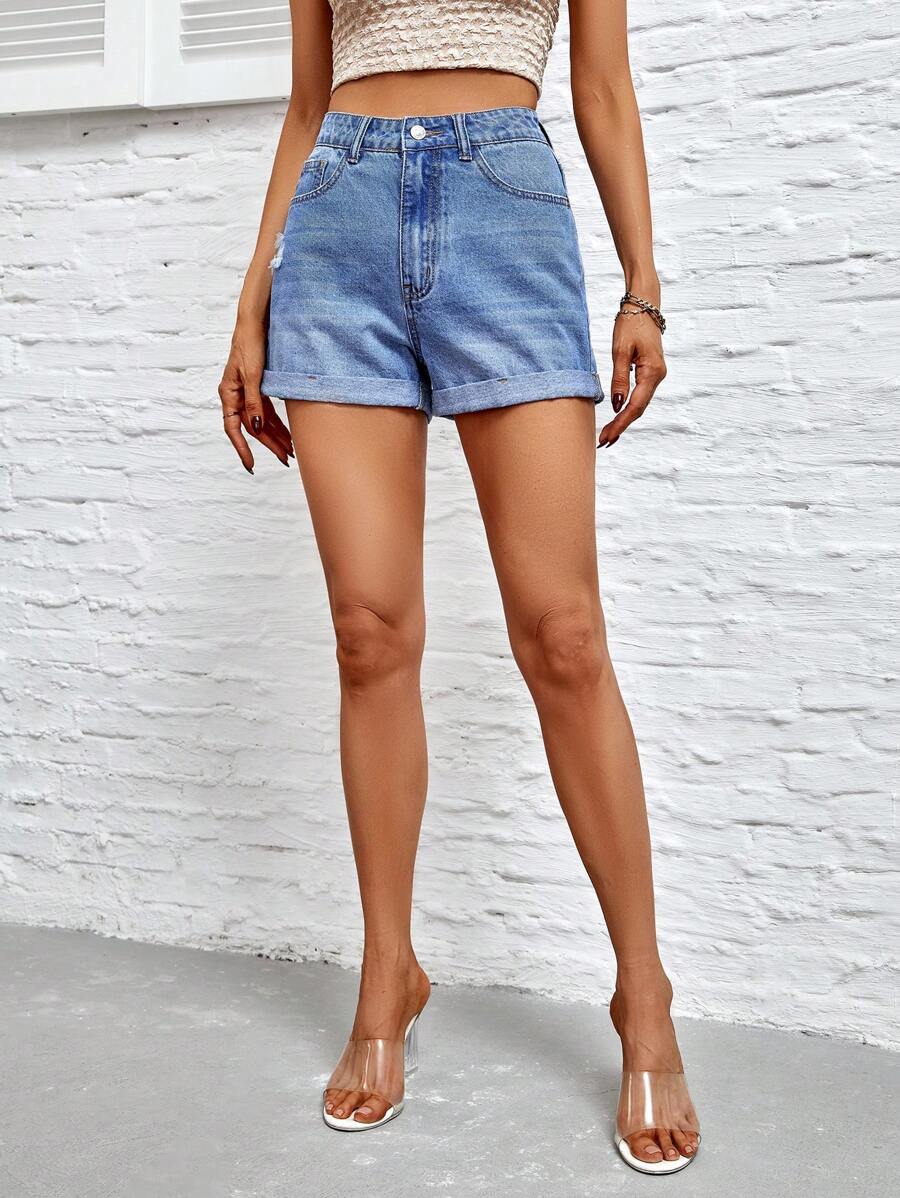 SHEIN Essnce Quần short denim nữ Nút Túi Dây kéo màu trơn - Rửa nhẹ - Xem 1