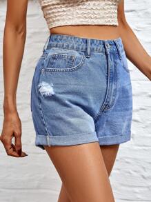 SHEIN Essnce Quần short denim nữ Nút Túi Dây kéo màu trơn - Rửa nhẹ - Xem 3
