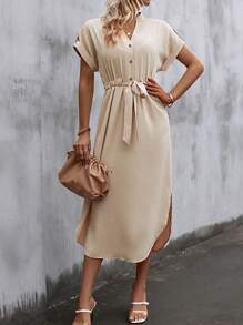 SHEIN LUNE Notched Neck Batwing Sleeve Belted Dress - Apricot - View 1