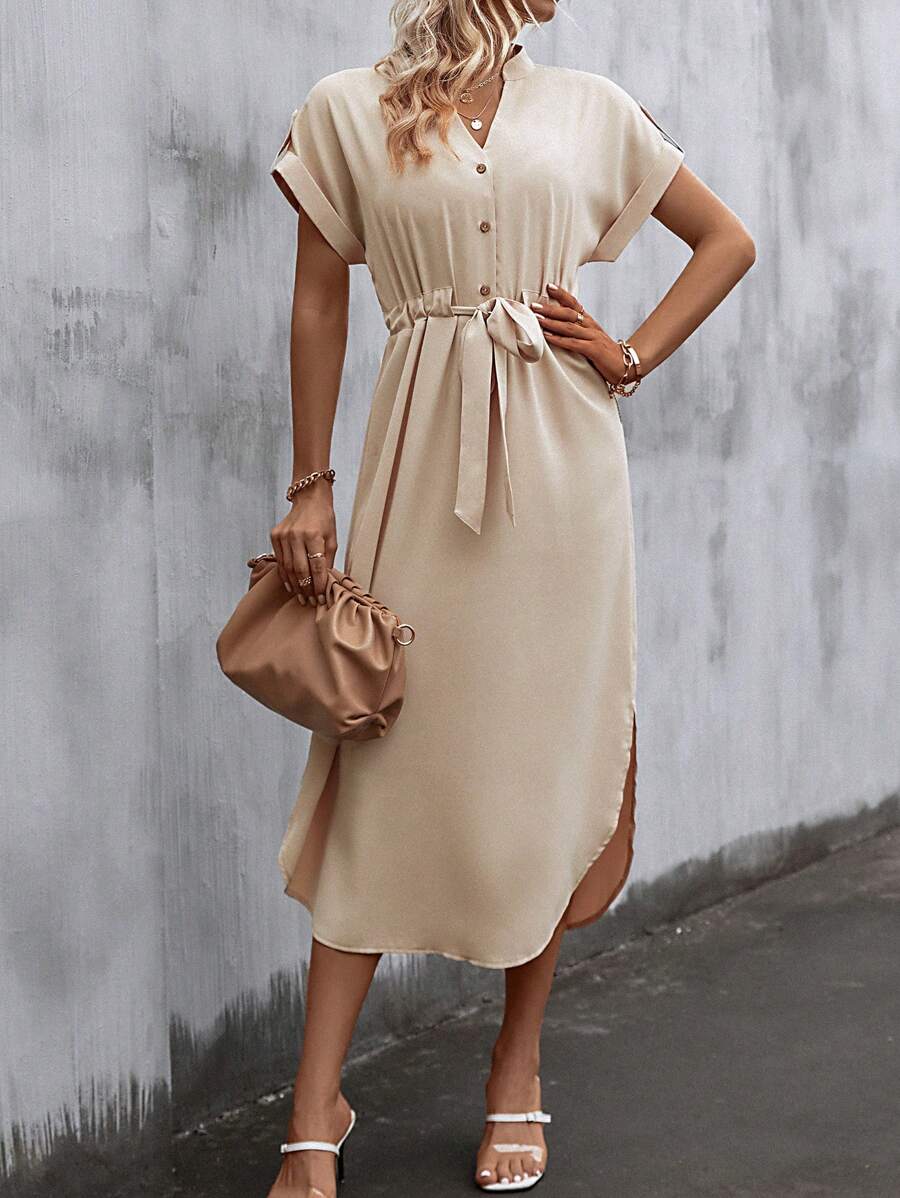 SHEIN LUNE Notched Neck Batwing Sleeve Belted Dress - Apricot - View 1