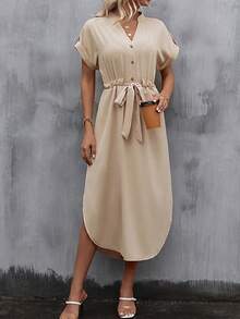 SHEIN LUNE Notched Neck Batwing Sleeve Belted Dress - Apricot - View 6