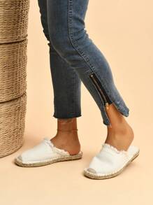 Women White Fray Trim Espadrille Flat Mules, Round Toe Slippers For Vacation - White - View 2