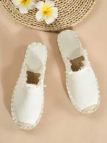 Women White Fray Trim Espadrille Flat Mules, Round Toe Slippers For Vacation - White - View 4