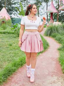 ROMWE Kawaii Hơn In Dâu tây Chân Váy xếp ly - Hồng - Xem 4