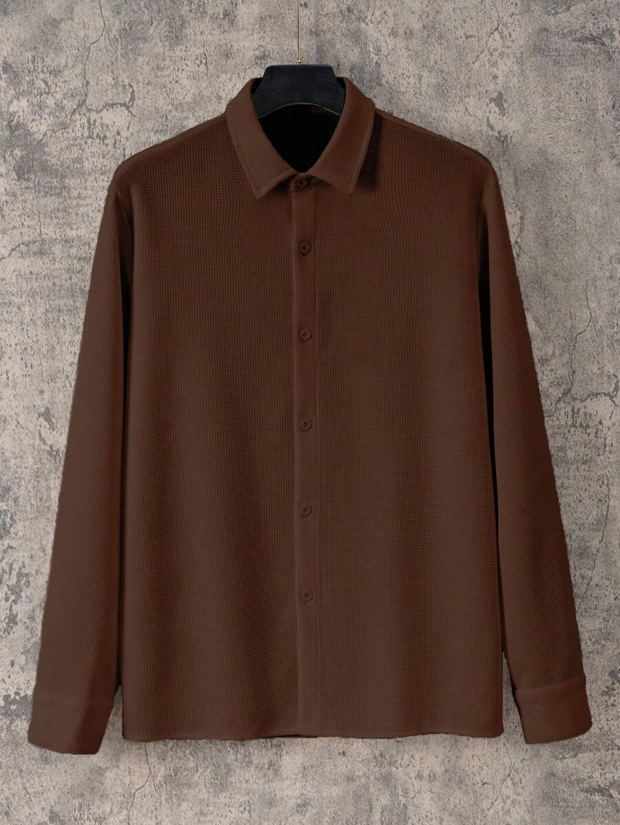 Men Solid Button Up Shirt - Coffee Brown - View 1