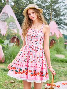 ROMWE Kawaii 草莓圖案褶邊打褶吊帶連衣裙 - 粉色 - 查看 1