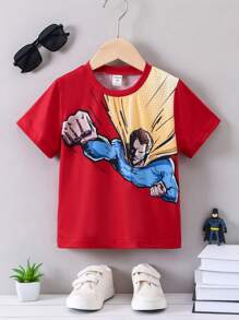 SHEIN Young Boy Spider T-shirt, Patchwork Color Short Sleeve Cartoon Loose Fit - Red - View 1