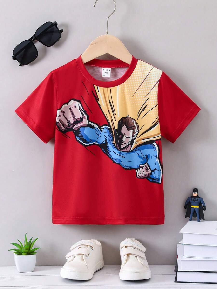 SHEIN Young Boy Spider T-shirt, Patchwork Color Short Sleeve Cartoon Loose Fit - Red - View 1