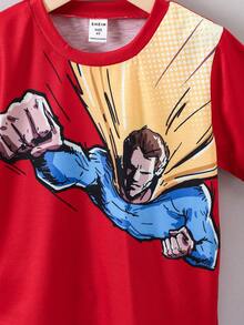 SHEIN Young Boy Spider T-shirt, Patchwork Color Short Sleeve Cartoon Loose Fit - Red - View 5