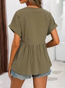 SHEIN LUNE Áo sơ mi nữ Nút Viên lá sen Nút phía trước màu trơn Giải trí - xanh quân đội - Xem 4