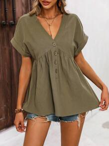 SHEIN LUNE Áo sơ mi nữ Nút Viên lá sen Nút phía trước màu trơn Giải trí - xanh quân đội - Xem 2