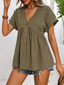 SHEIN LUNE Áo sơ mi nữ Nút Viên lá sen Nút phía trước màu trơn Giải trí - xanh quân đội - Xem 5