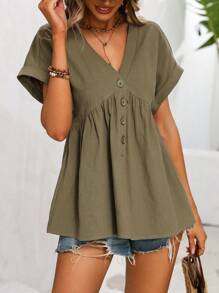 SHEIN LUNE Áo sơ mi nữ Nút Viên lá sen Nút phía trước màu trơn Giải trí - xanh quân đội - Xem 6