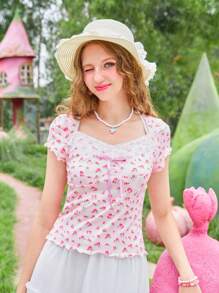 ROMWE Kawaii 碎花蕾絲拼接T恤 - 粉色 - 查看 1