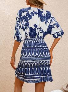 SHEIN VCAY Floral Print Batwing Sleeve Ruffle Hem Dress - Blue and White - View 2