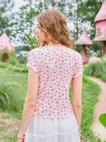 ROMWE Kawaii 碎花蕾絲拼接T恤 - 粉色 - 查看 2