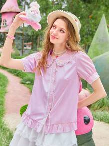 ROMWE Kawaii Sọc Cổ tròn Xù Hoa Sen Áo sơ mi - Hồng - Xem 3