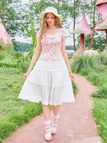 ROMWE Kawaii 碎花蕾絲拼接T恤 - 粉色 - 查看 4