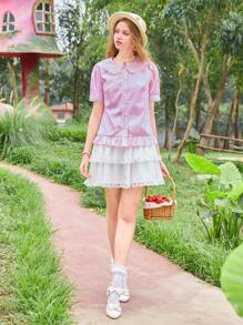 ROMWE Kawaii Sọc Cổ tròn Xù Hoa Sen Áo sơ mi - Hồng - Xem 5