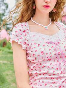 ROMWE Kawaii 碎花蕾絲拼接T恤 - 粉色 - 查看 6