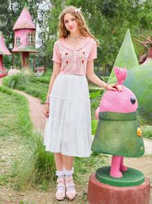 ROMWE Kawaii 花卉刺繡荷葉邊網眼針織開襟衫 - 粉色 - 查看 3