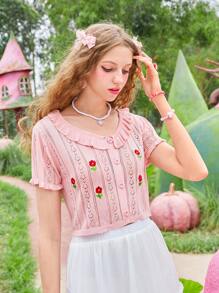 ROMWE Kawaii 花卉刺繡荷葉邊網眼針織開襟衫 - 粉色 - 查看 5