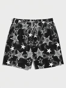 ROMWE MEN Prep Men Star Print Drawstring Waist Shorts, School - Black - View 1