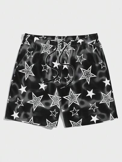 Prep Men Star Print Drawstring Waist Shorts, School