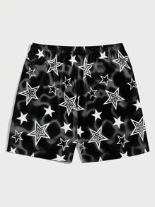 ROMWE MEN Prep Men Star Print Drawstring Waist Shorts, School - Black - View 2