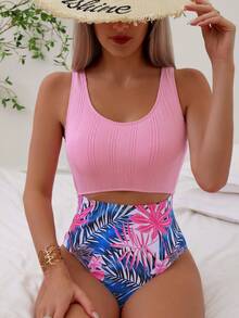 熱帶圖案鏤空連體泳衣 - 彩色 - 查看 3