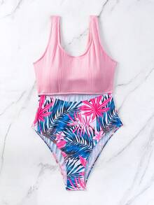 熱帶圖案鏤空連體泳衣 - 彩色 - 查看 4