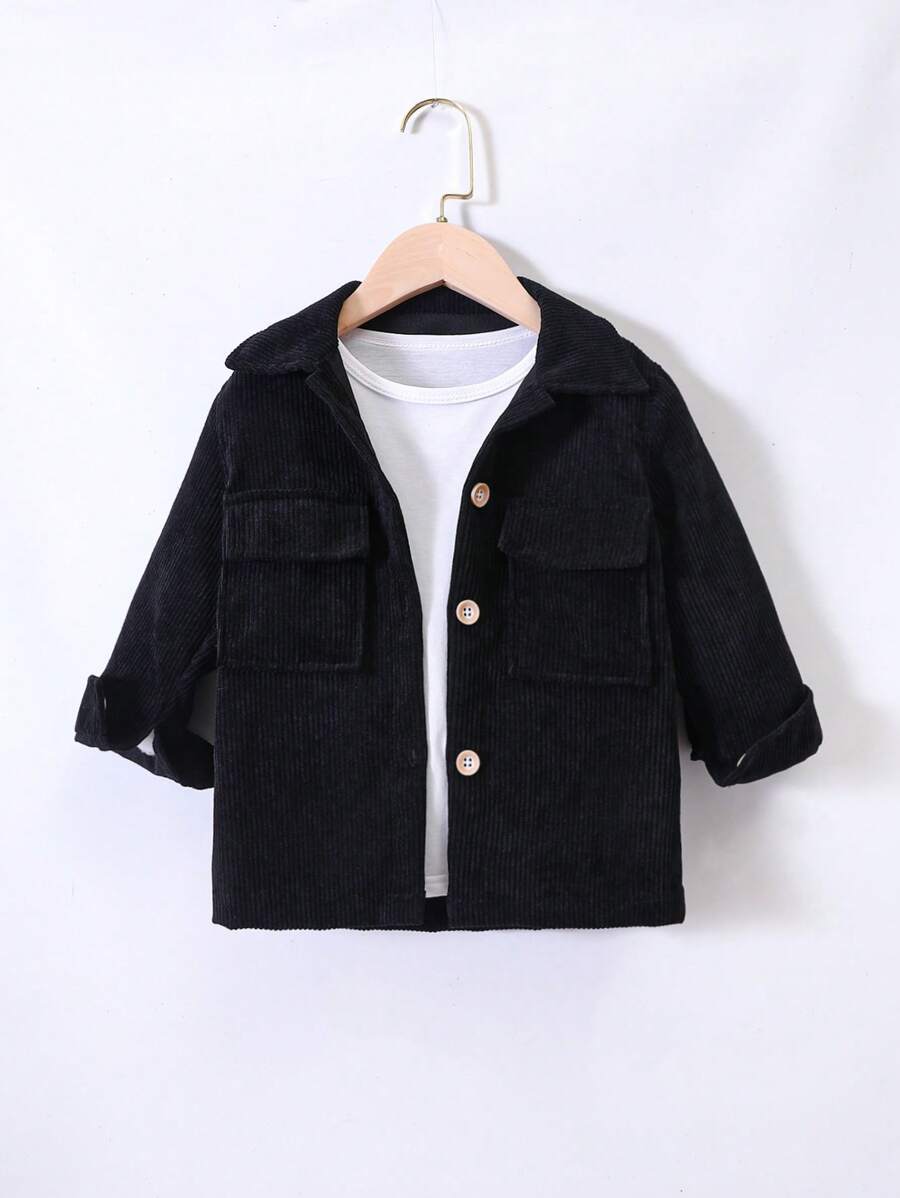 SHEIN 小男童翻蓋口袋燈芯絨大衣不帶T恤