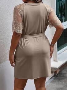 SHEIN Unity Plus Contrast Lace Raglan Sleeve Fold Pleated Detail Dress - Khaki - View 2