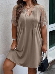 SHEIN Unity Plus Contrast Lace Raglan Sleeve Fold Pleated Detail Dress - Khaki - View 3